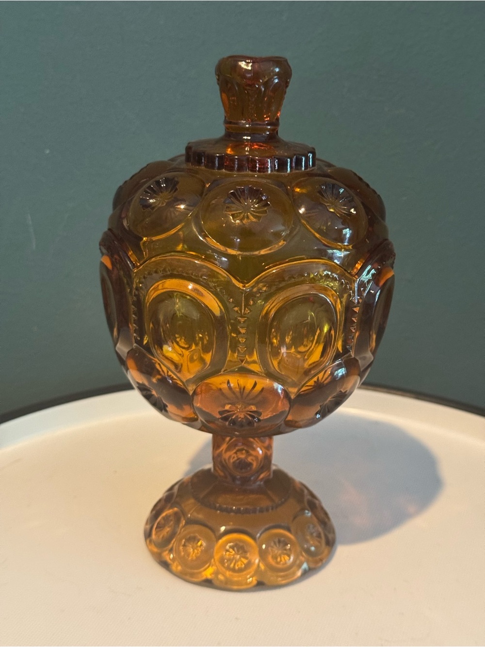 LE Smith Moon and Stars Amber Glass 8" Pedestal Lidded Candy Dish Compote